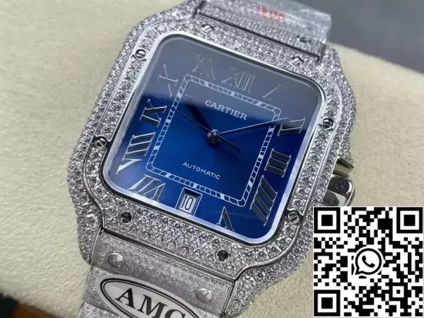 19ed8cfeeeb23cc Santos De Cartier Бриллиантовые часы синий циферблат и серебристый 1:1 Лучшее издание AMG фабрики камень Swarovski