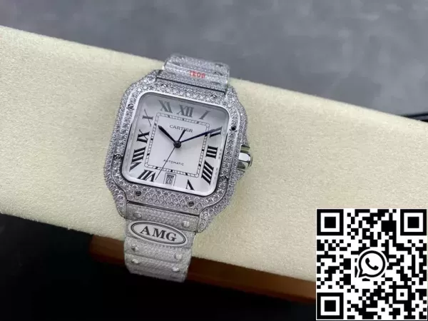 3FB1860DB8575AA 산토스 드 까르띠에 다이아몬드 시계 화이트 다이얼과 실버 1:1 베스트 에디션 AMG 팩토리 스와로브스키 스톤