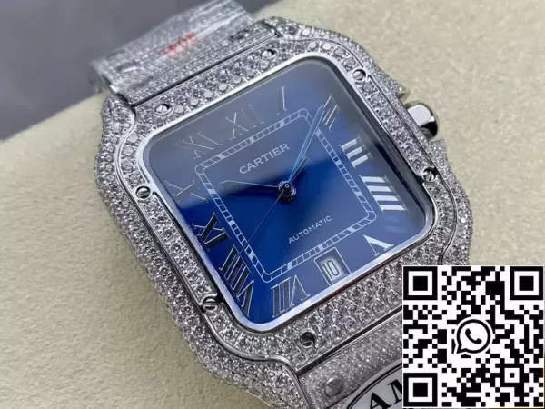 7bab11d8ef37c58 Santos De Cartier Бриллиантовые часы с синим циферблатом и серебристым камнем Swarovski фабрики AMG 1:1 Best Edition