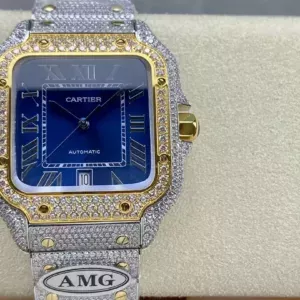 Santos De Cartier Diamond Watches Blue Dial and Gold 1:1 Best Edition AMG Factory Swarovski Stone