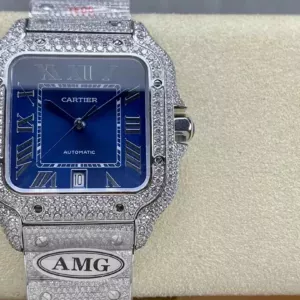 Santos De Cartier Diamond Watches Blue Dial and Silver 1:1 Best Edition AMG Factory Swarovski Stone