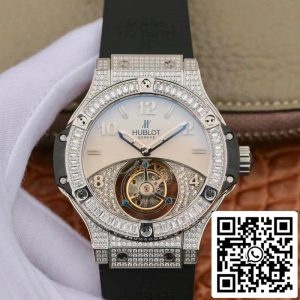 ウブロクラシックフュージョン45ミリメートルトゥールビヨンダイヤモンドグレーダイヤル1:1ベスト版ブラックラバーストラップスイストゥールビヨン