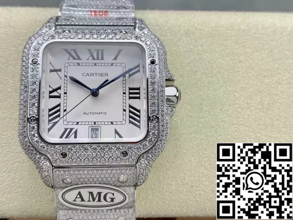 d31b0b933d4c2e5 산토스 드 까르띠에 다이아몬드 시계 화이트 다이얼과 실버 1:1 베스트 에디션 AMG 팩토리 스와로브스키 스톤