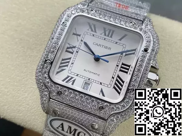 e58d6c6dfd78842 산토스 드 까르띠에 다이아몬드 시계 화이트 다이얼과 실버 1:1 베스트 에디션 AMG 팩토리 스와로브스키 스톤