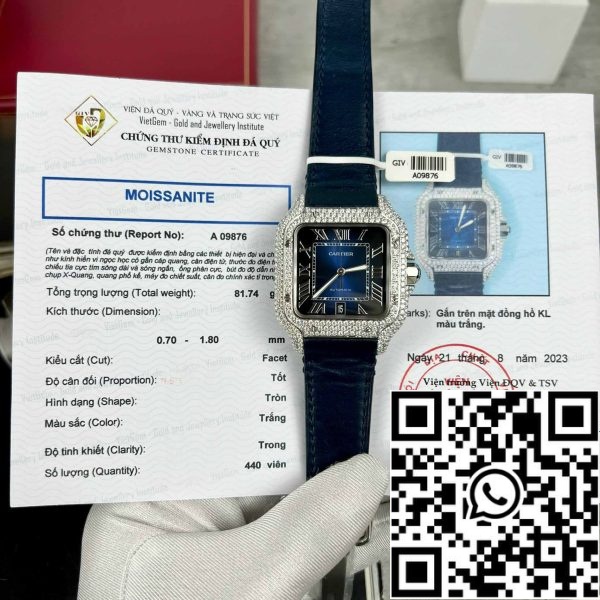 z4837251326012 95792306694178d500ac11e2d9c76bc1 Cartier - Santos De Cartier - Aço - Conjunto de diamantes personalizados - Mostrador azul BV Factory