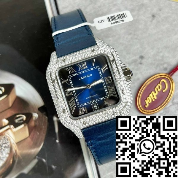 z4837251346099 745ae8a6632c1db973fa6c73d740dab4 Cartier - Santos De Cartier - Aço - Conjunto de diamantes personalizados - Mostrador azul BV Factory